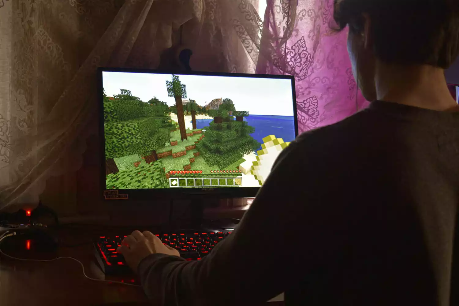 Menino jogando minecraft com acessórios para games de PC
