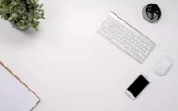 Mouse e teclado da Apple sobre uma mesa ao lado de vaso com plantas e celular