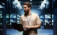 homem segurando um notebook em uma sala cheia de sistemas de computador entendendo como contratar uma hospedagem de site para Wordpress