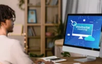 Moço olhando para tela de computador onde está aberta uma página de hospedagem de site para escolher