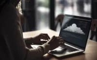 moça usando notebook com página aberta em hospedagem de site grátis