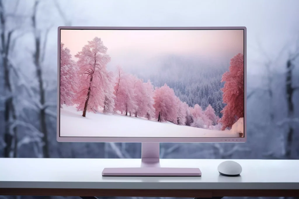 monitor para PC com imagem de floresta no inverno sobre uma mesa ao lado de mouse