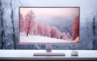 monitor para PC com imagem de floresta no inverno sobre uma mesa ao lado de mouse